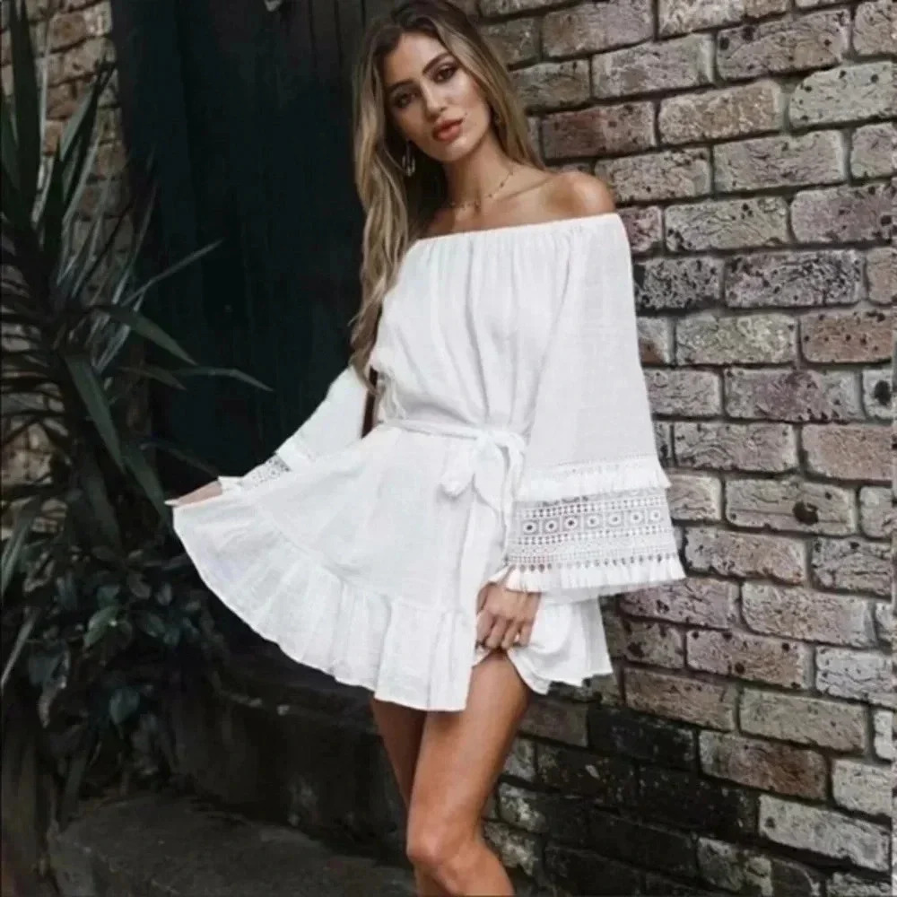 Off the Shoulder White Cotton Dress